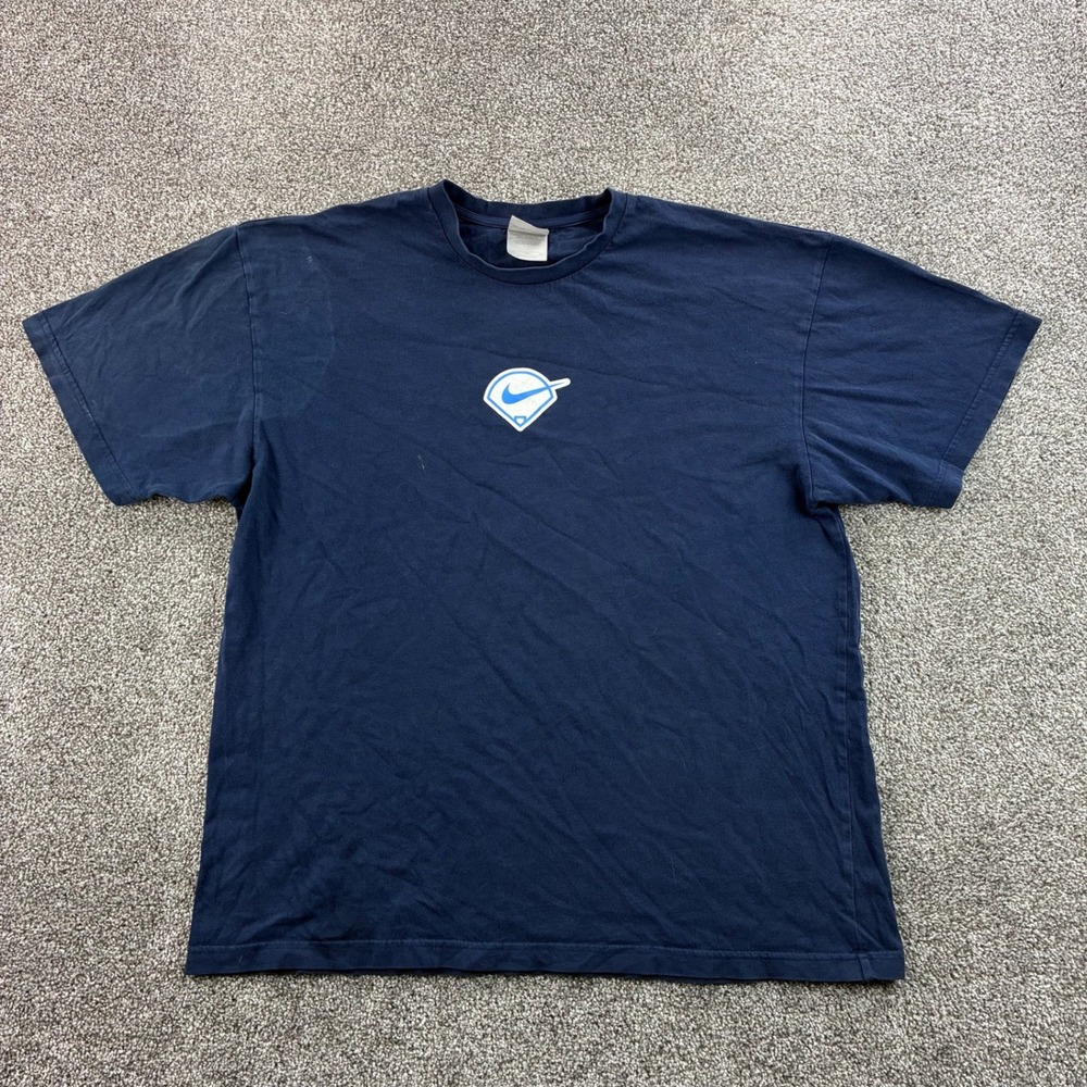 Vintage Nike Shirt Mens XL Navy Blue Cotton Center Swoosh Spell Out Sportswear